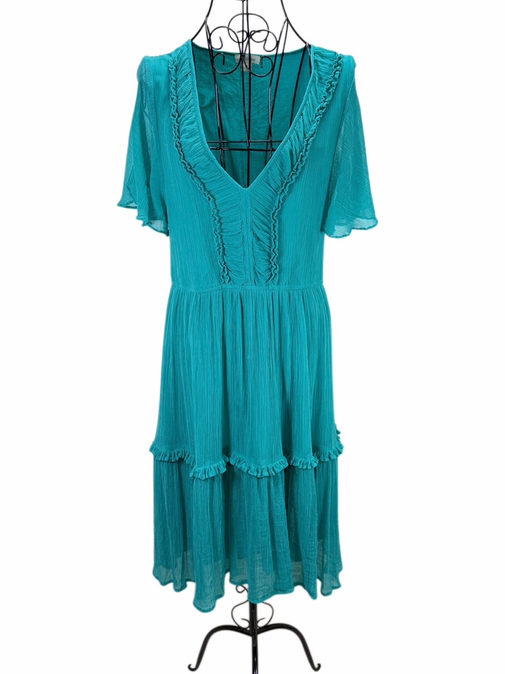 Sundance M Turquoise Teal Tiered Ruffle Boho Midi Dress
